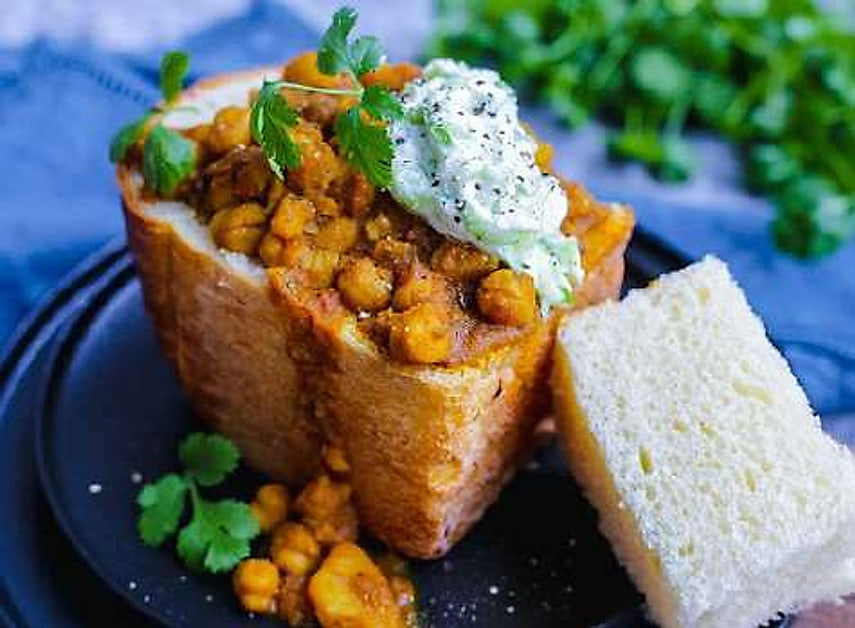 Bunny chow, a hollowed loaf filled with curry